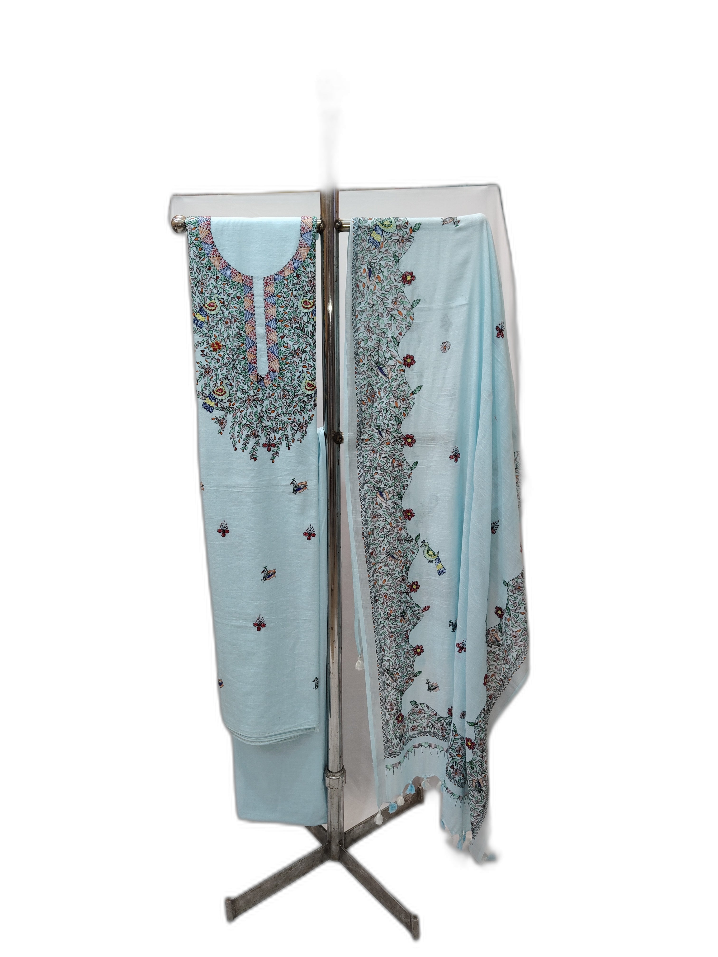 Hand painted Madhubani with Sujani Unstitched Suit Set on Cotton in Light Turquoise